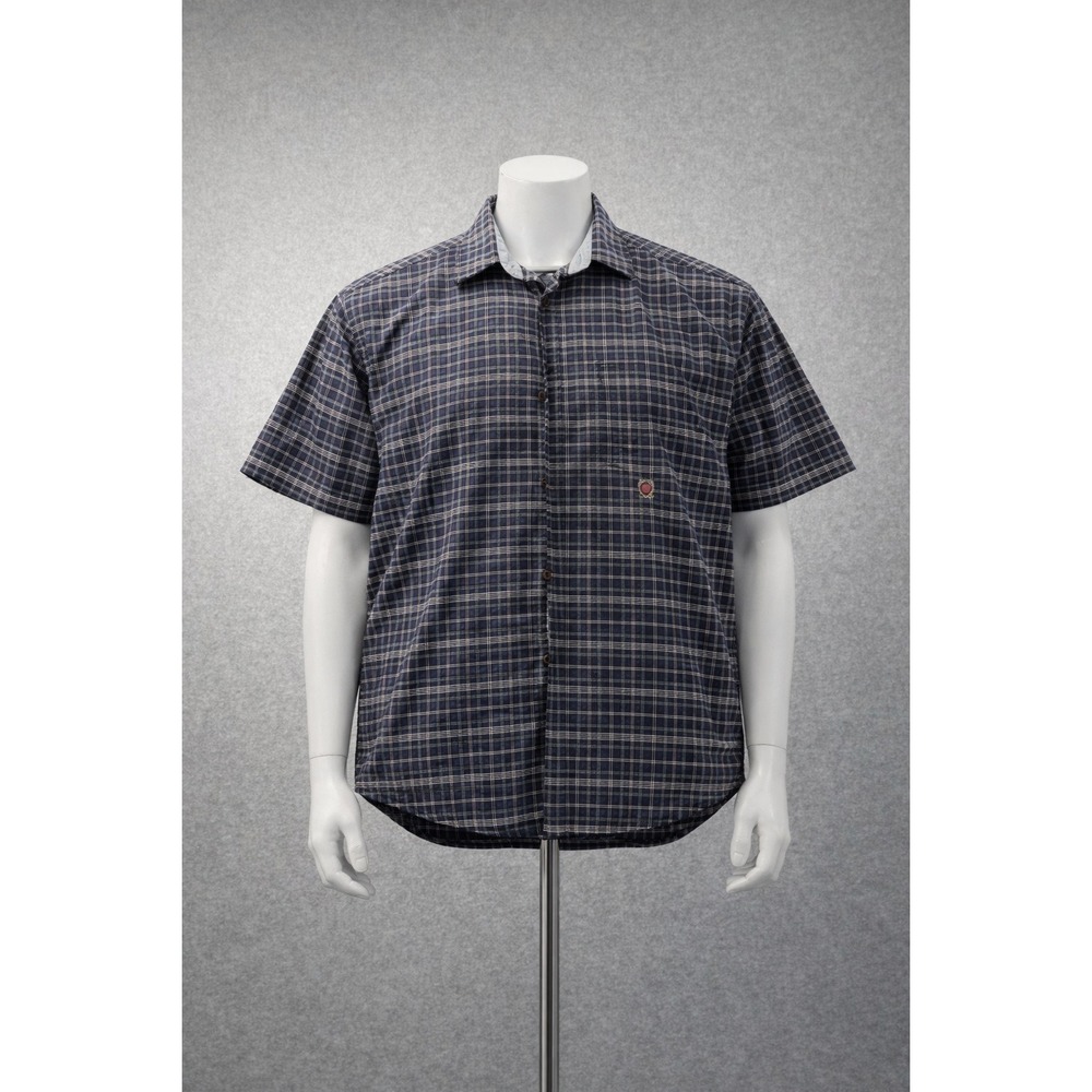 Tommy Hilfiger Mens XL Blue Green Plaid‎ S/S Button Down Crest Logo Shirt